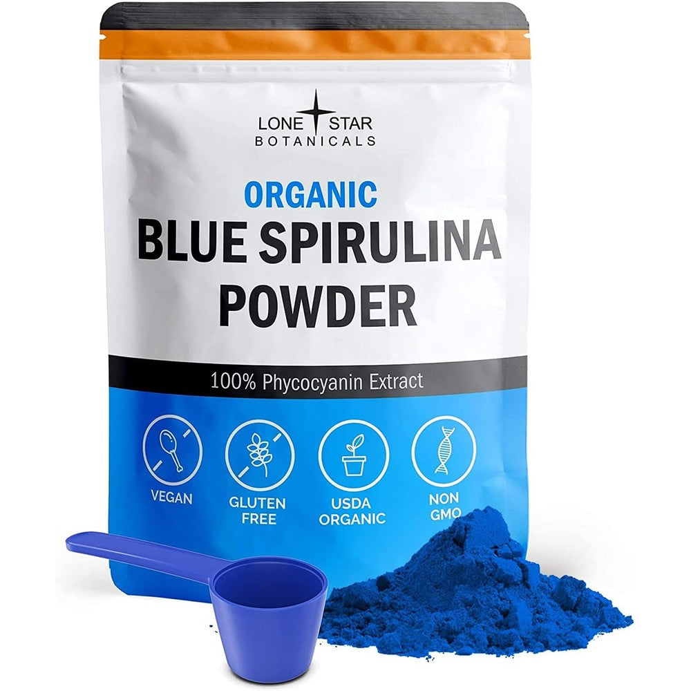 Lone Star Botanicals Organic Blue Spirulina Powder front view packaging showing organic superfood certifications.