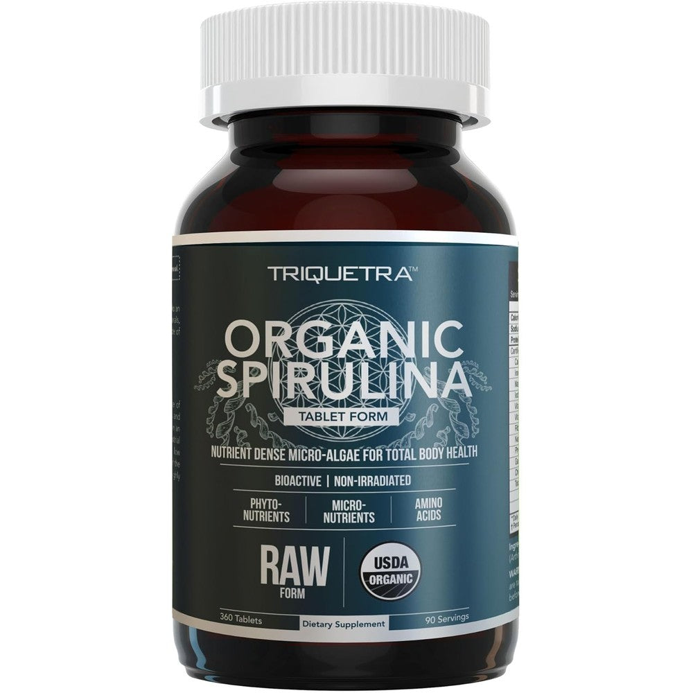 Triquetra Health Organic Spirulina Tablets 360 Count front bottle view showcasing USDA organic certification.