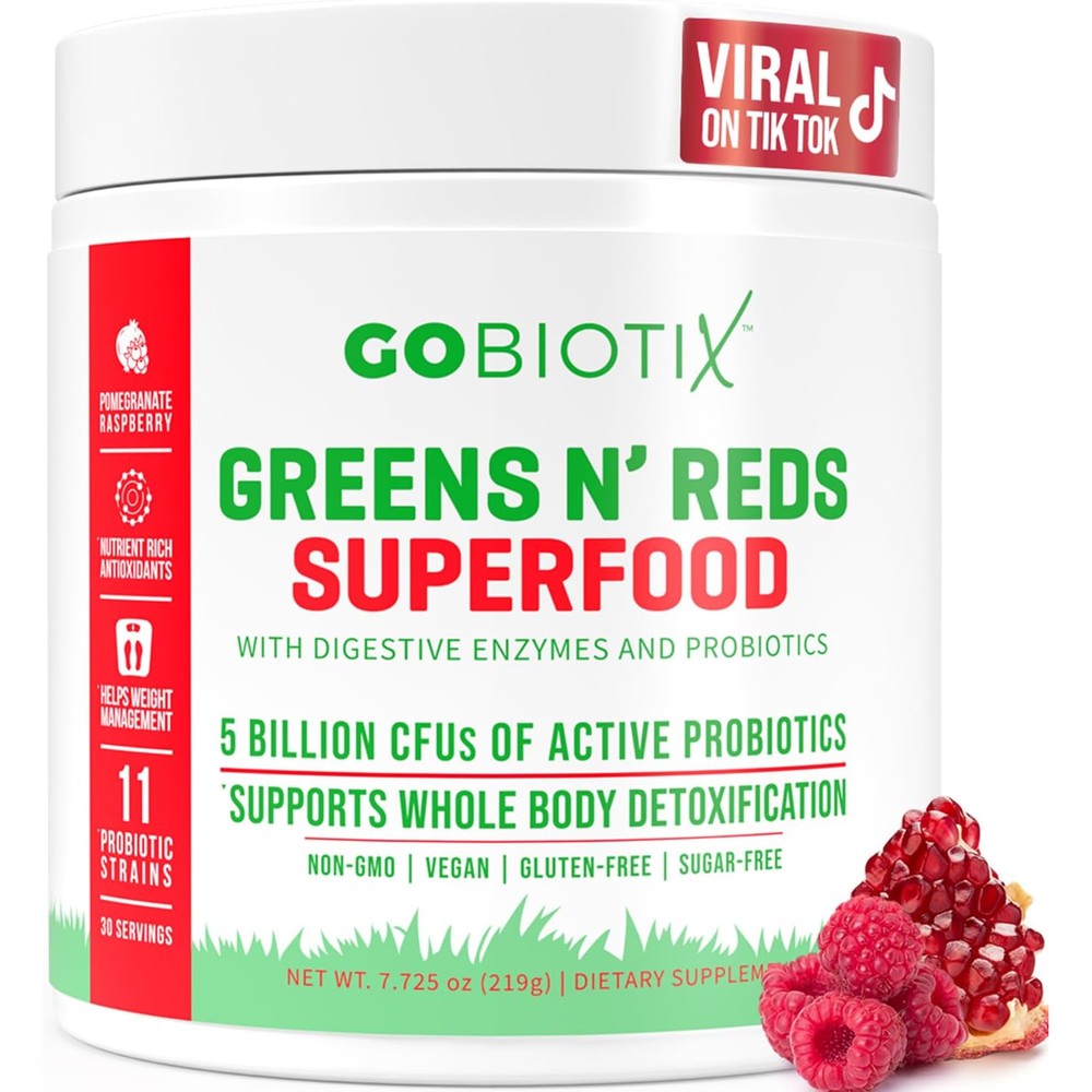 GoBiotix Greens and Reds Superfood Powder front view container for daily health supplement