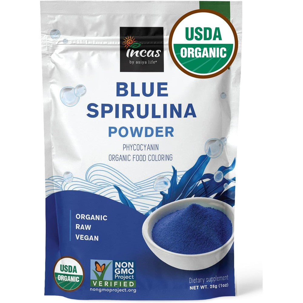 Incas by Asiya Life USDA Organic Blue Spirulina Powder front packaging view showcasing pure phycocyanin extract