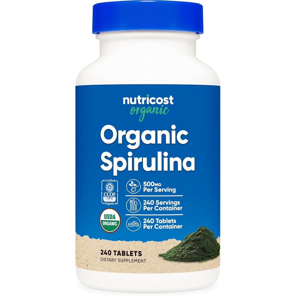 Nutricost Organic Spirulina 500mg 240 Tablets front view bottle for antioxidant support