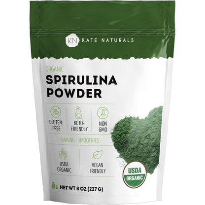 Kate Naturals Organic Spirulina Powder front view packaging for green superfood smoothies