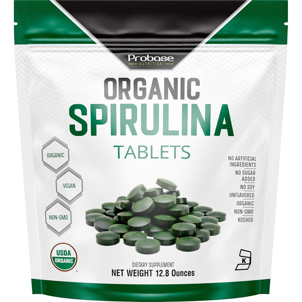 Probase Nutrition Organic Spirulina 3000mg 720 Vegan Tablets front view pouch for antioxidant support.