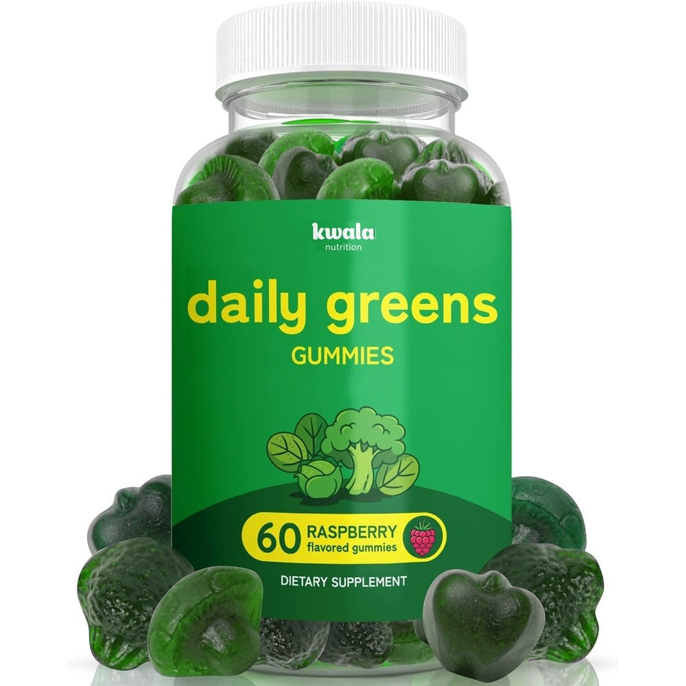 Kwala Nutrition Super Greens Gummies front view bottle for daily immunity support.