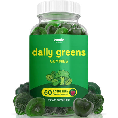 Kwala Nutrition Super Greens Gummies front view bottle for daily immunity support.