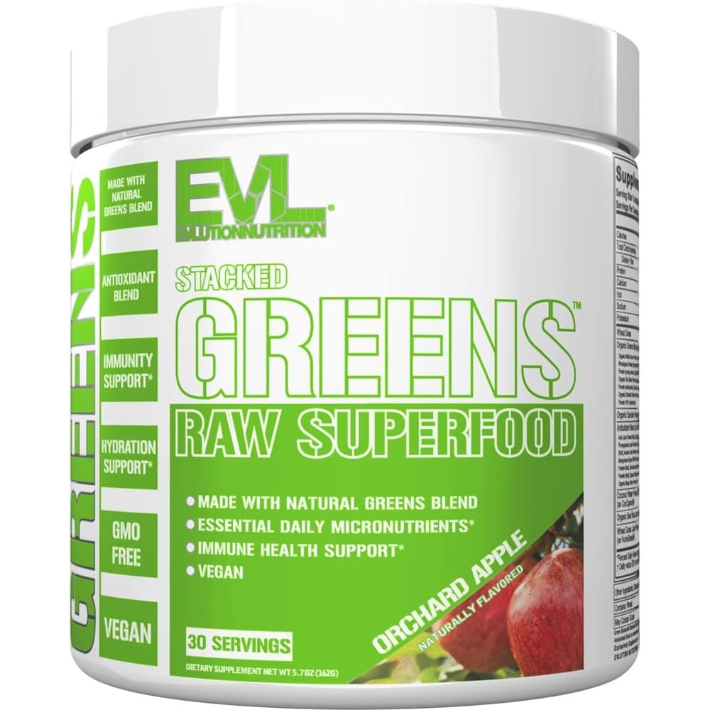 Evlution Nutrition Stacked Greens Raw Superfood Orchard Apple front view container.