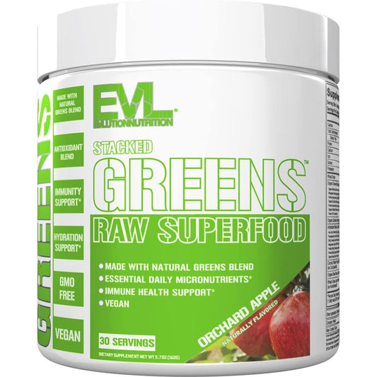 Evlution Nutrition Stacked Greens Raw Superfood Orchard Apple front view container.