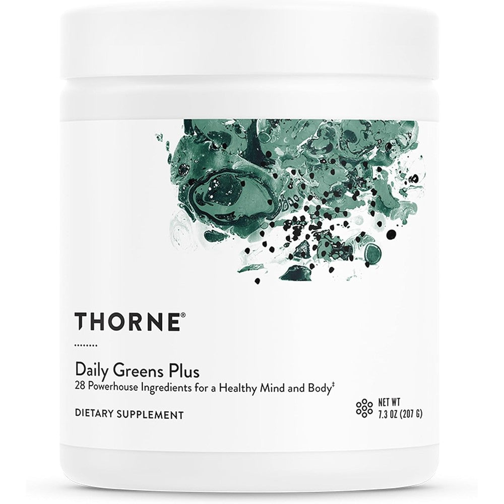 THORNE Daily Greens Plus comprehensive greens powder container front view for premium health supplementation.