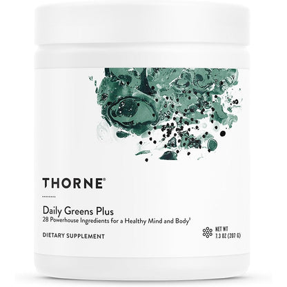 THORNE Daily Greens Plus comprehensive greens powder container front view for premium health supplementation.