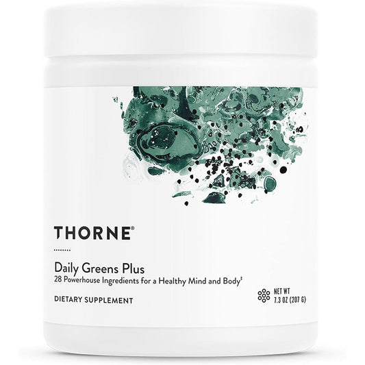 THORNE Daily Greens Plus comprehensive greens powder container front view for premium health supplementation.