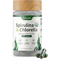 Snap Supplements Organic Spirulina and Chlorella bottle front view displaying the green superfood blend label and USDA Organic logo.