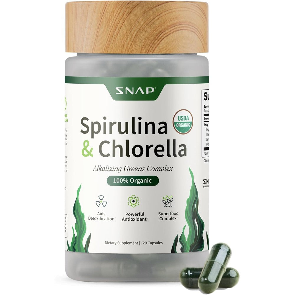 Snap Supplements Organic Spirulina and Chlorella bottle front view displaying the green superfood blend label and USDA Organic logo.