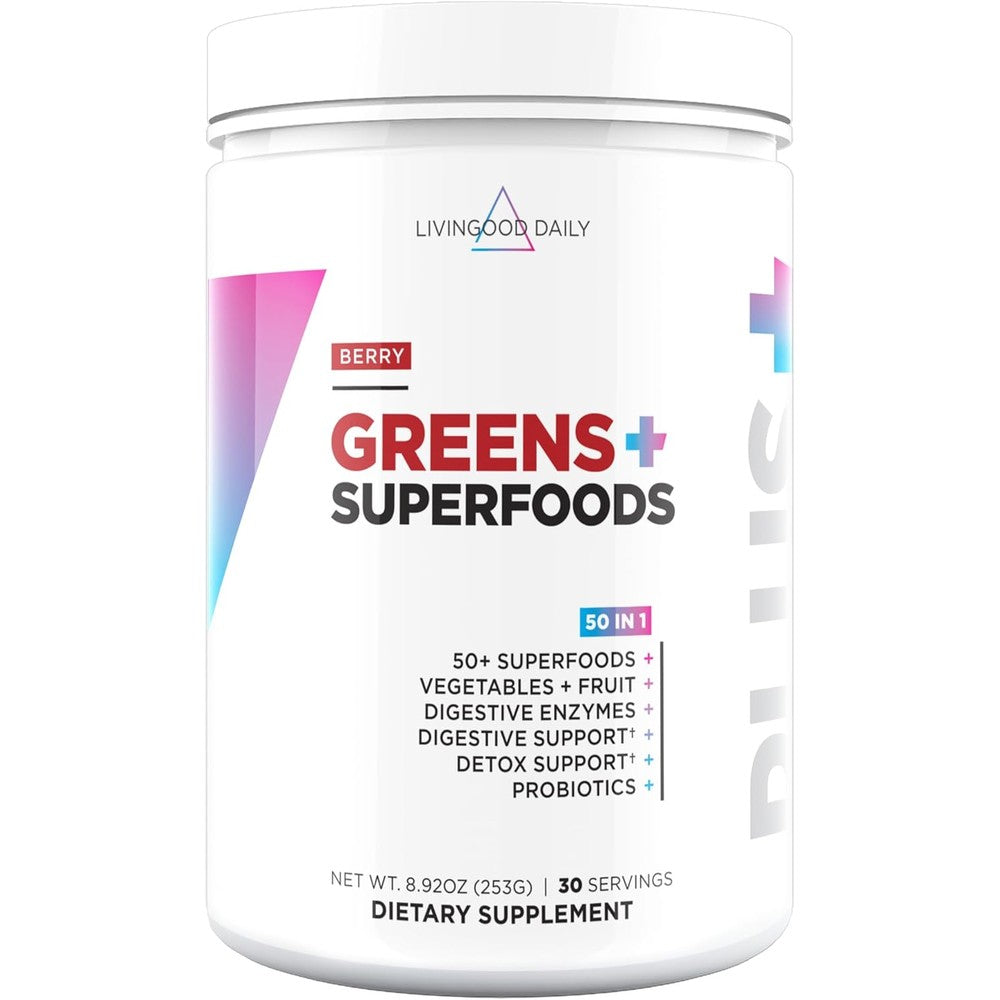 Livingood Daily Greens and Superfood Powder front container view for daily gut health support.