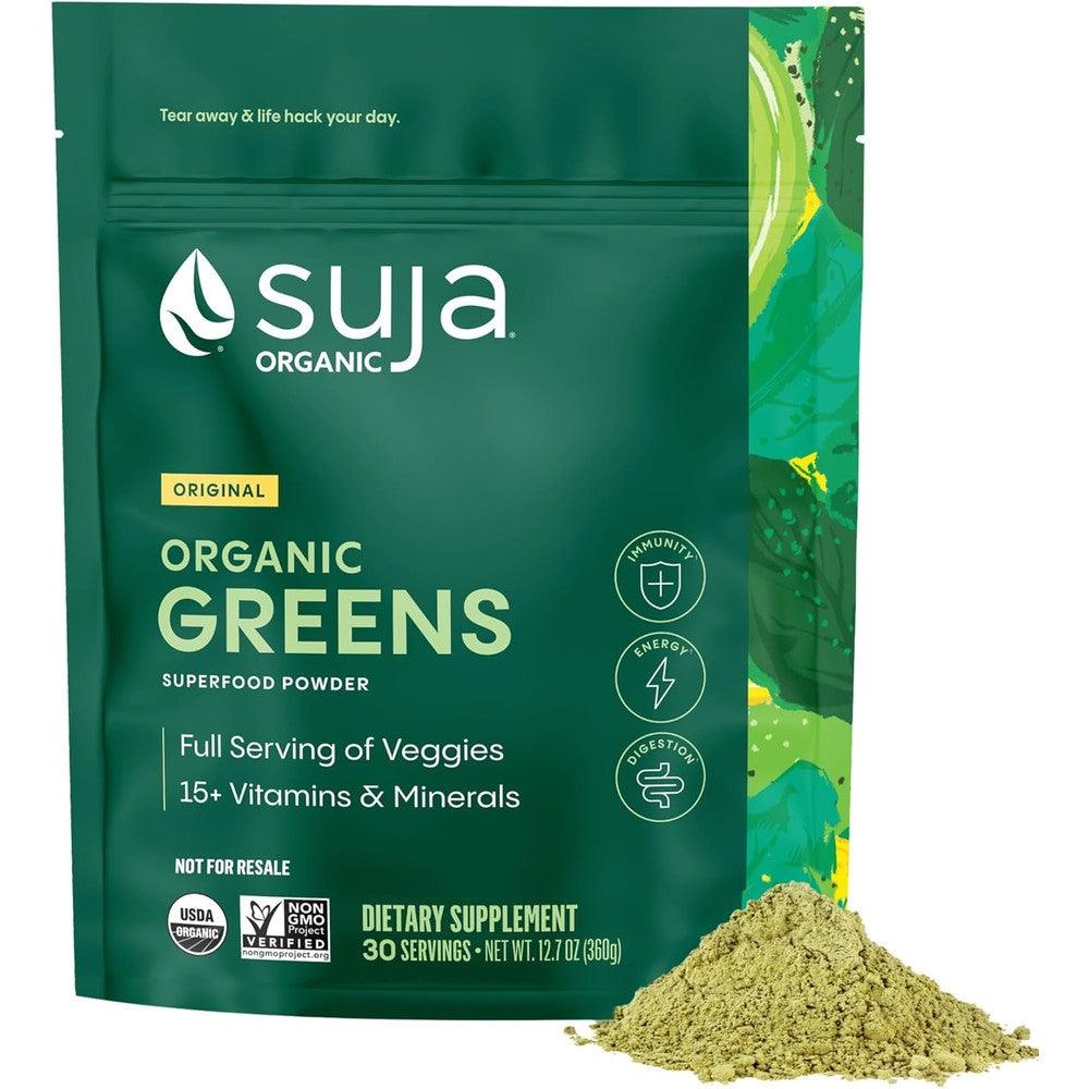 Suja Organic Greens Powder Probiotic Blend 12.7 Ounce front packaging showing superfood ingredients.