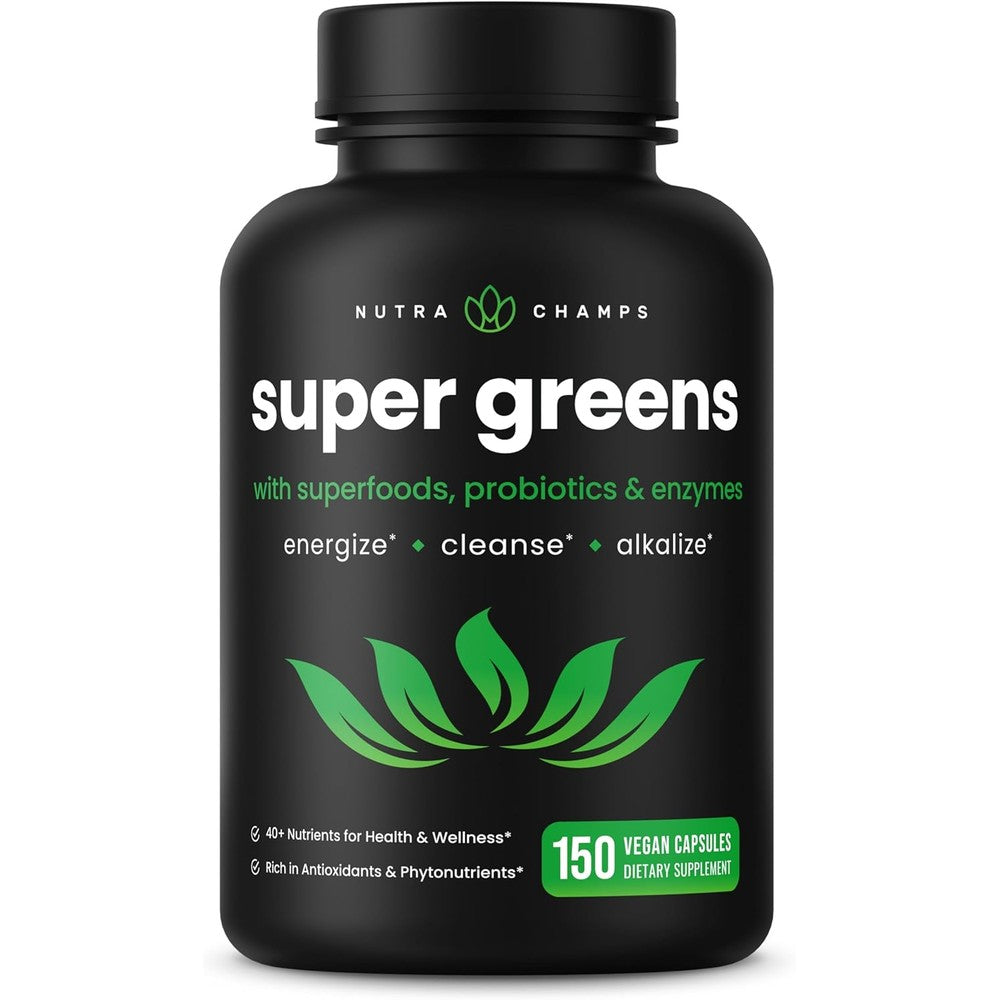 NutraChamps Organic Super Greens Capsules front view bottle showcasing the 150 vegan capsules count for daily nutrition.