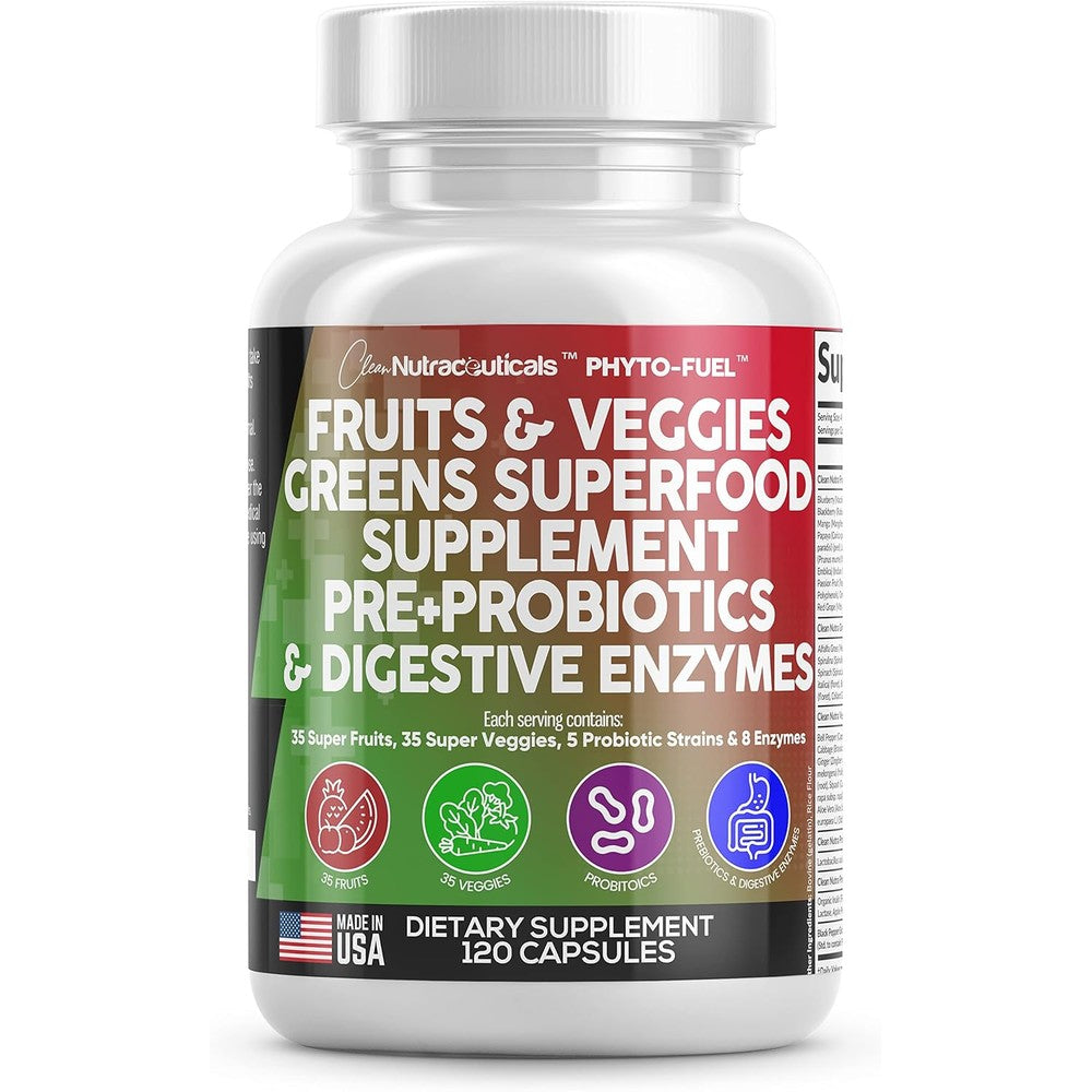Clean Nutraceuticals Fruits and Veggies Supplement front view bottle showing 120 vegetable capsules for whole body health