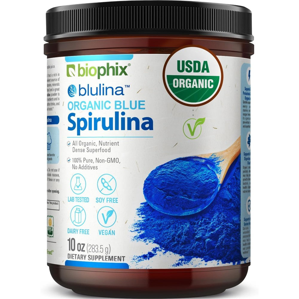 Biophix Blulina Organic Blue Spirulina Powder front view jar of premium superfood supplement.