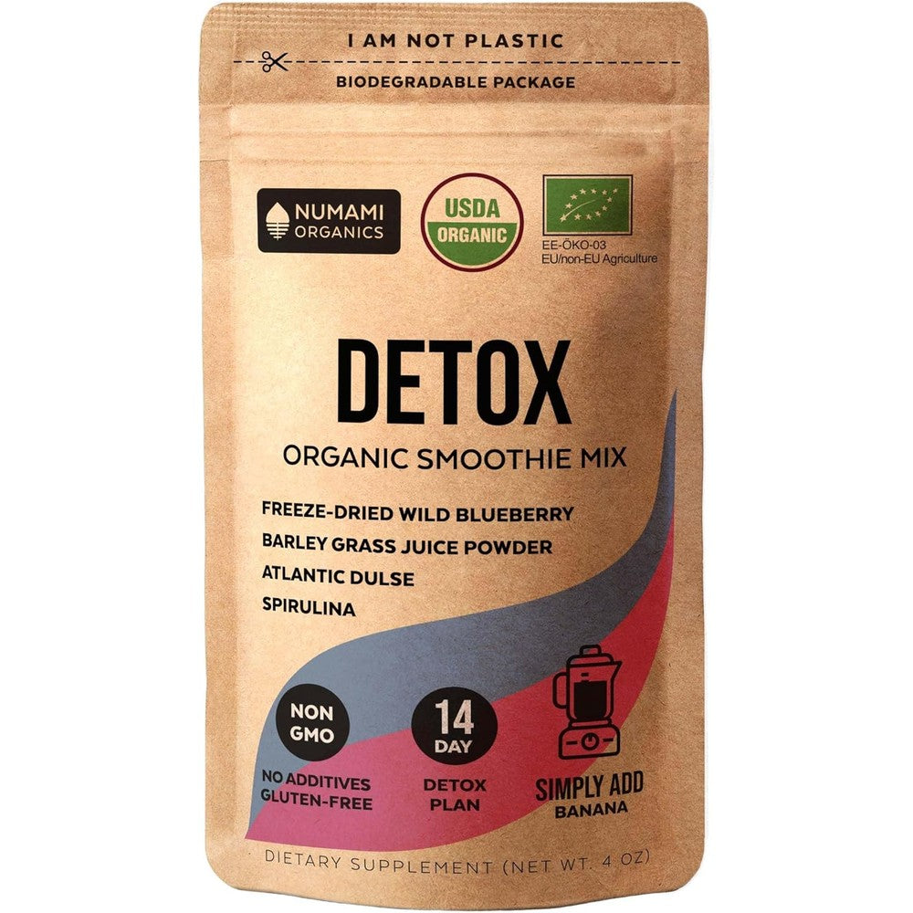 Numami Organic Detox Blueberry Smoothie Powder front view of biodegradable packaging