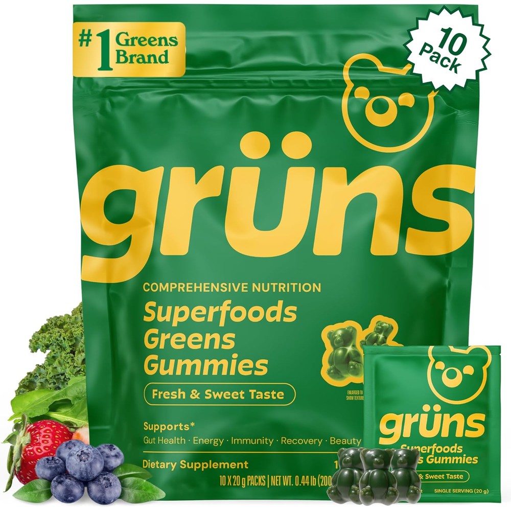 GrÃ¼ns Adults Super Greens Multivitamin Gummy Bears front packaging view for daily wellness