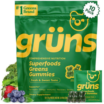GrÃ¼ns Adults Super Greens Multivitamin Gummy Bears front packaging view for daily wellness