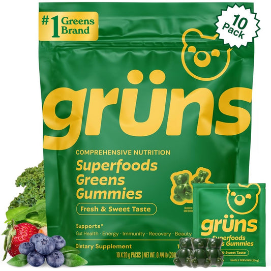 GrÃ¼ns Adults Super Greens Multivitamin Gummy Bears front packaging view for daily wellness