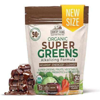 Country Farms Super Greens Chocolate Flavor front view packaging