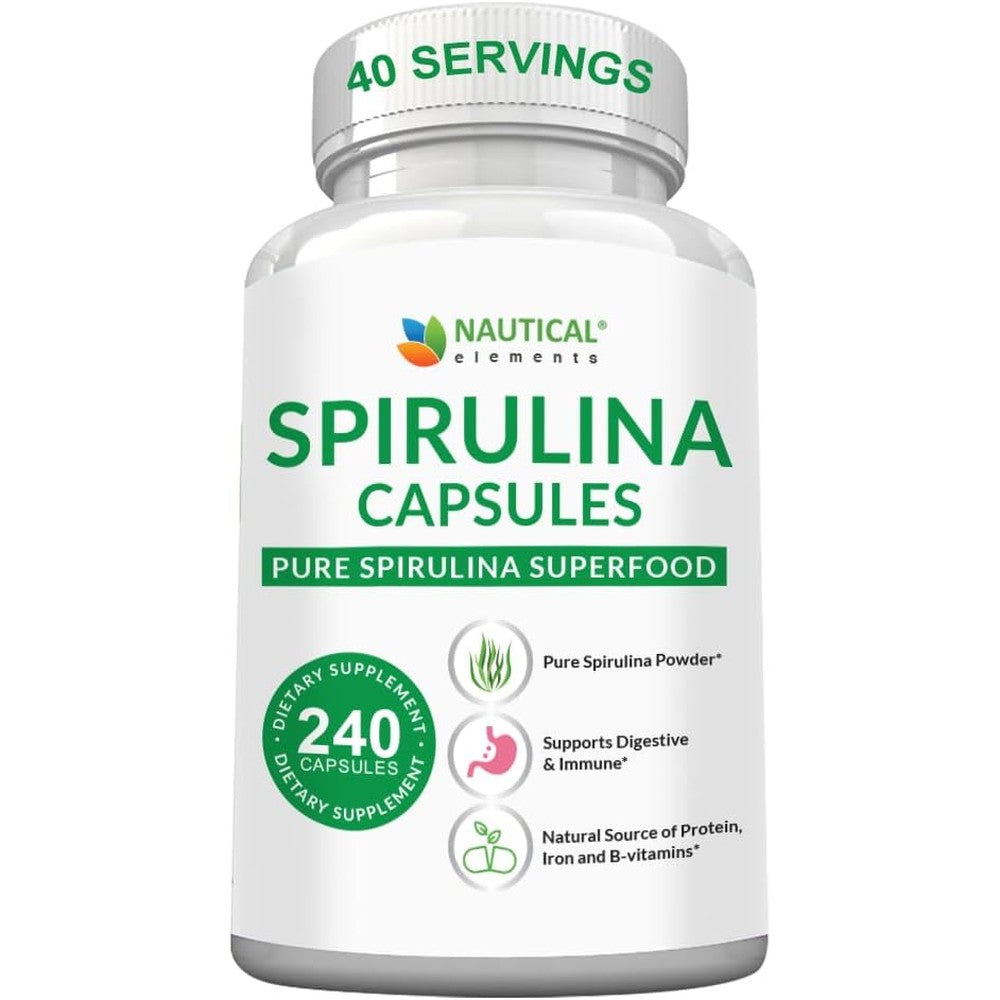 Nautical Elements Organic Spirulina 3000mg 240 Capsules front view bottle showing premium immune support supplement