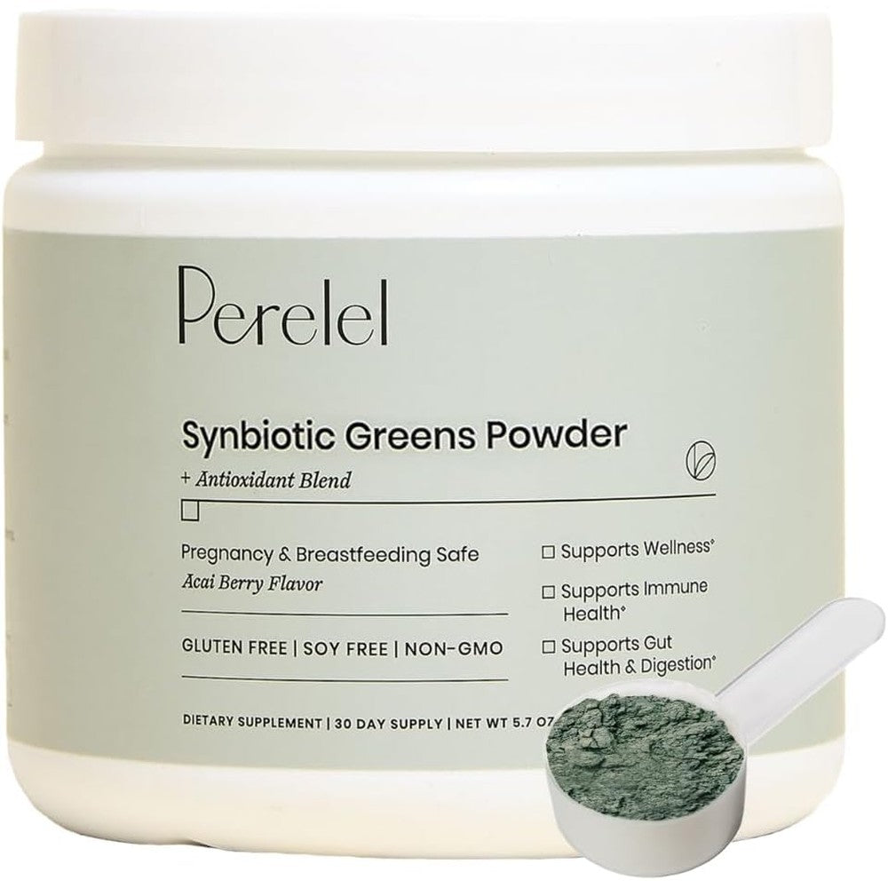Perelel Synbiotic Greens Powder front view jar packaging showing authentic premium wellness supplement