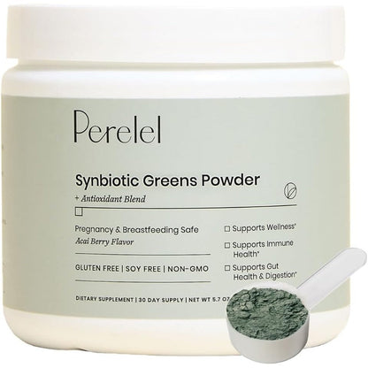 Perelel Synbiotic Greens Powder front view jar packaging showing authentic premium wellness supplement