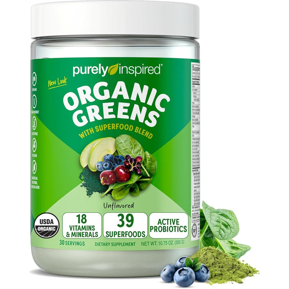 Purely Inspired Organic Greens Powder unflavored superfood smoothie mix front view container.