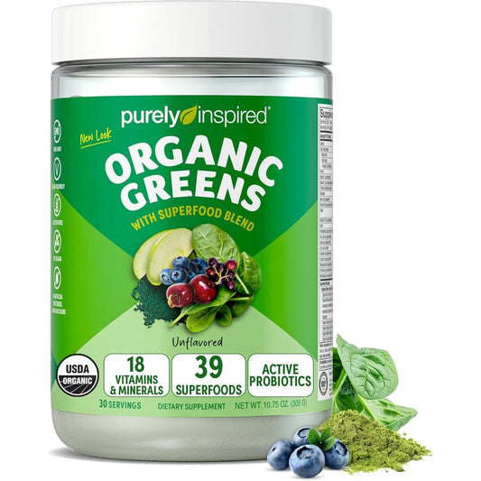 Purely Inspired Organic Greens Powder unflavored superfood smoothie mix front view container.