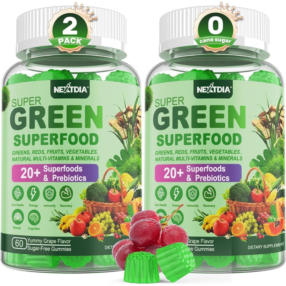 Newellme Nextdia Super Greens Multivitamin Gummies front view bottle for daily superfood nutrition