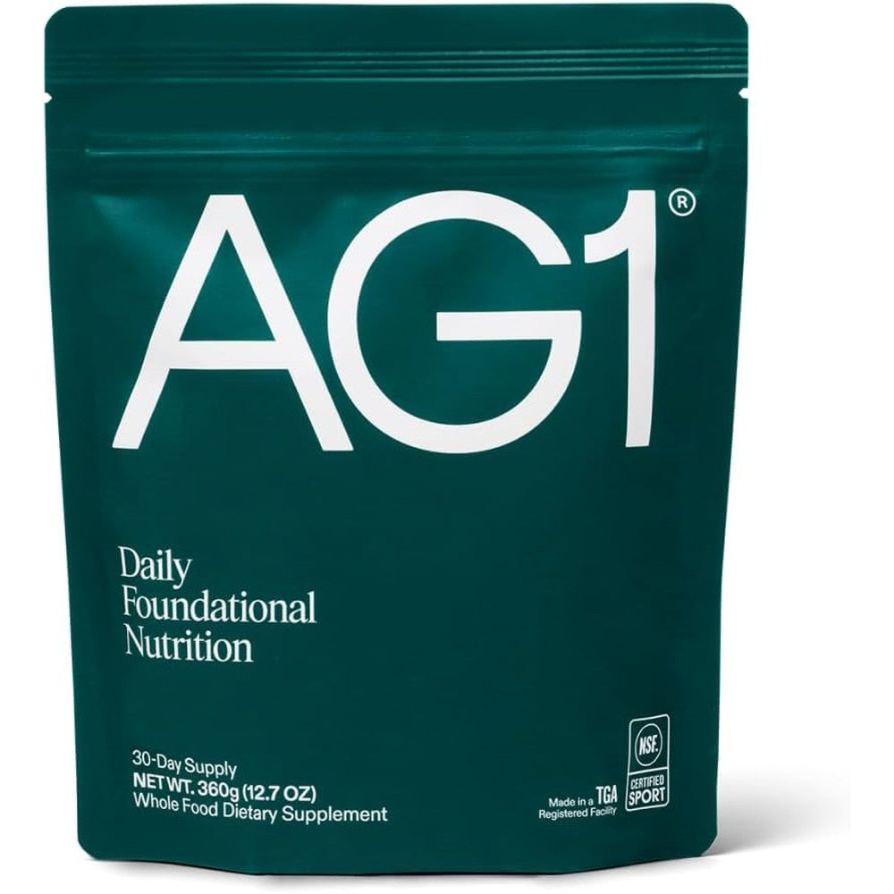 Athletic Greens AG1 Greens Powder Refill Pouch front view showing product branding and foundational nutrition details
