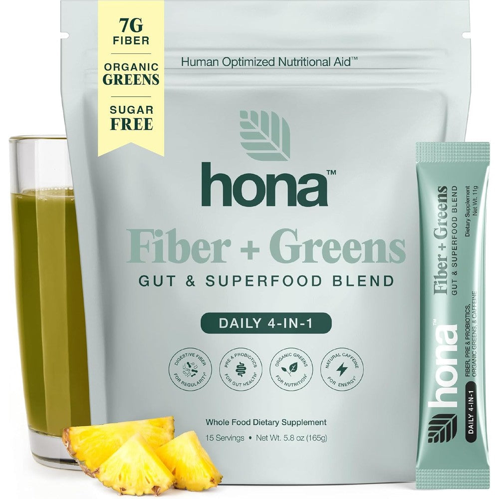 Hona Fiber Plus Greens Gut And Superfood Blend front view packaging for premium digestive health support