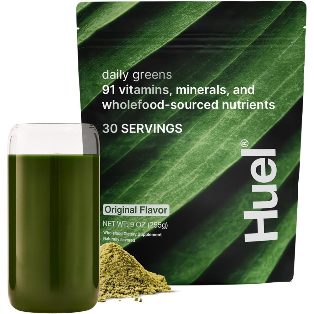 Huel Daily Greens Superfood Powder front view of the 255g packaging pouch