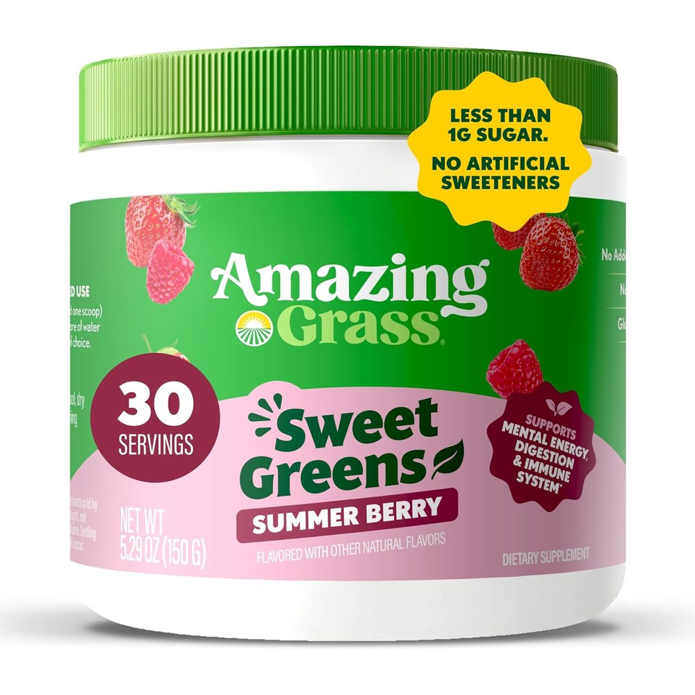 Amazing Grass Sweet Greens and Superfoods Powder front view packaging showing Summer Berry flavor.