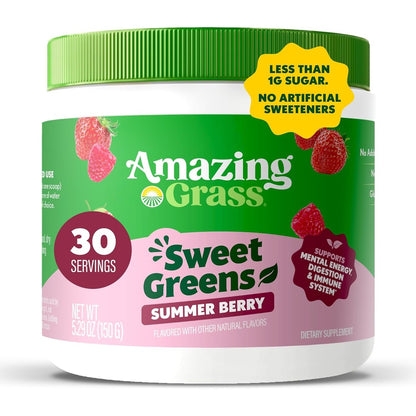 Amazing Grass Sweet Greens and Superfoods Powder front view packaging showing Summer Berry flavor.