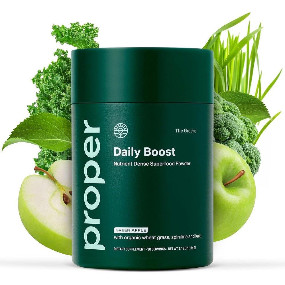 Proper The Greens Daily Boost Organic Greens Powder front view canister showing green apple superfood supplement