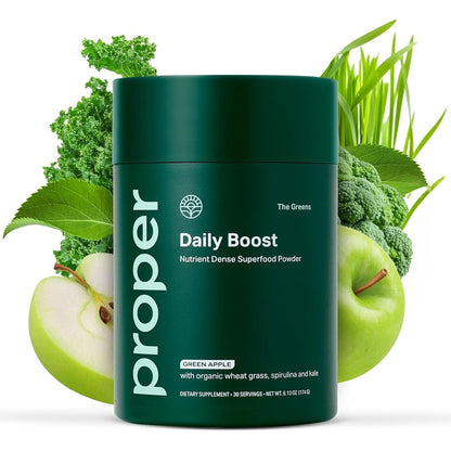 Proper The Greens Daily Boost Organic Greens Powder front view canister showing green apple superfood supplement