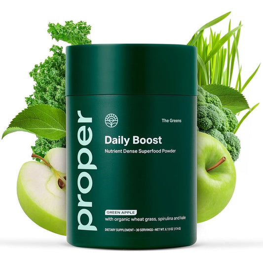 Proper The Greens Daily Boost Organic Greens Powder front view canister showing green apple superfood supplement