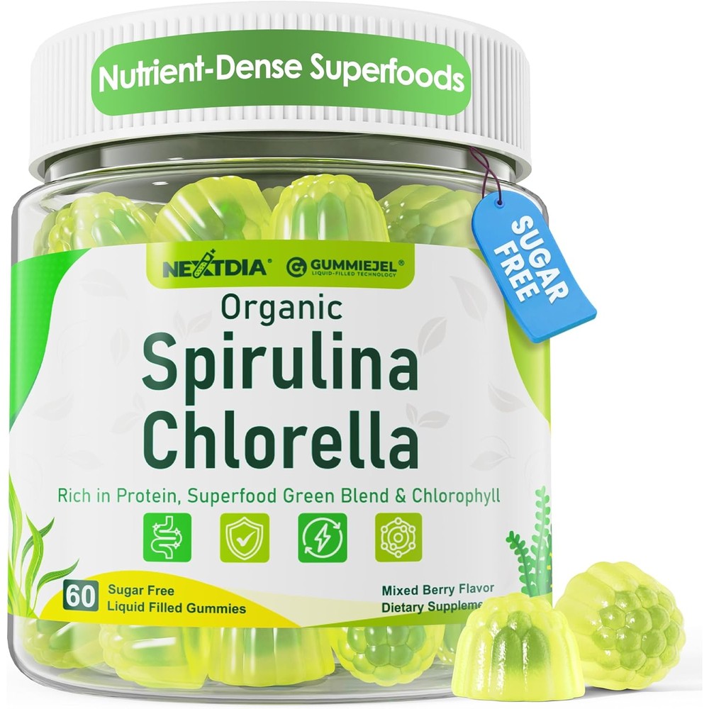 Nextdia Organic Spirulina and Chlorella Gummies front view jar for immune support