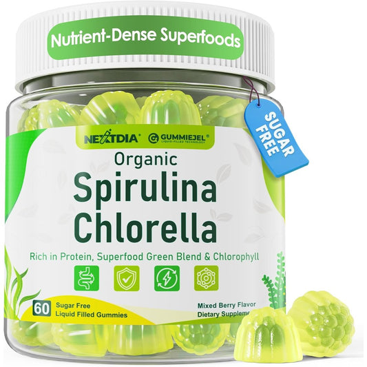Nextdia Organic Spirulina and Chlorella Gummies front view jar for immune support