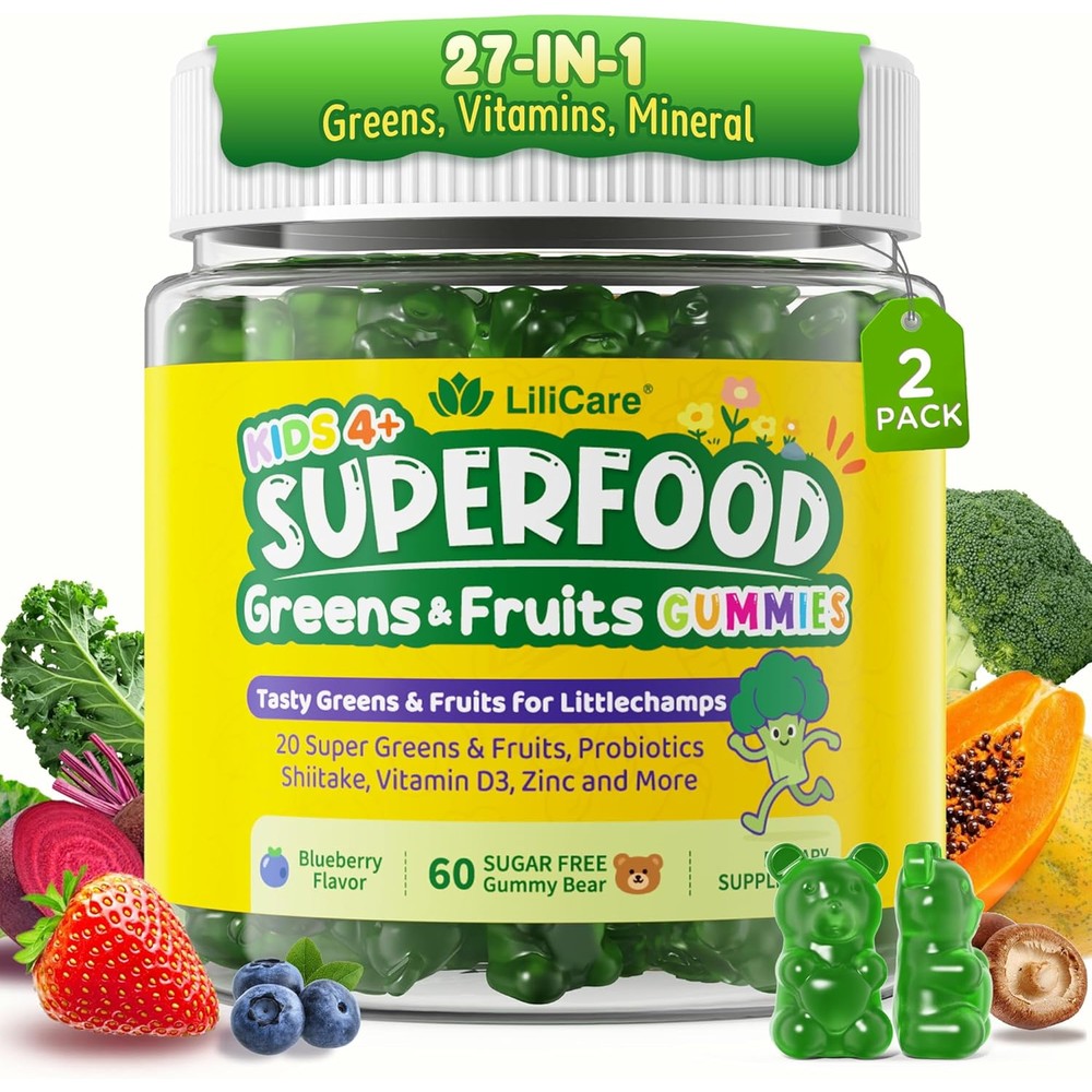 LiliCare Kids Super Greens Gummies front view of the two pack bottle packaging.