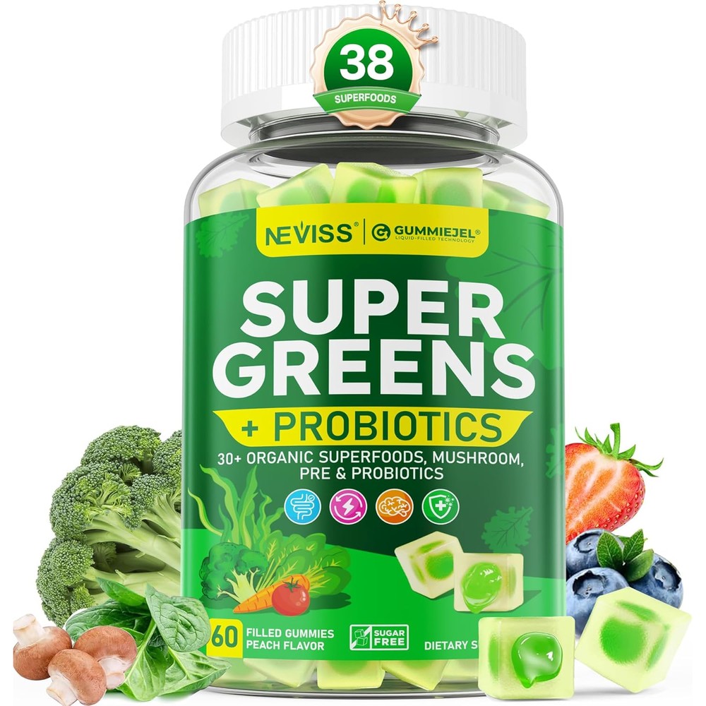 Neviss Organic Super Greens Daily Superfood Gummies front bottle view for daily green nutrition