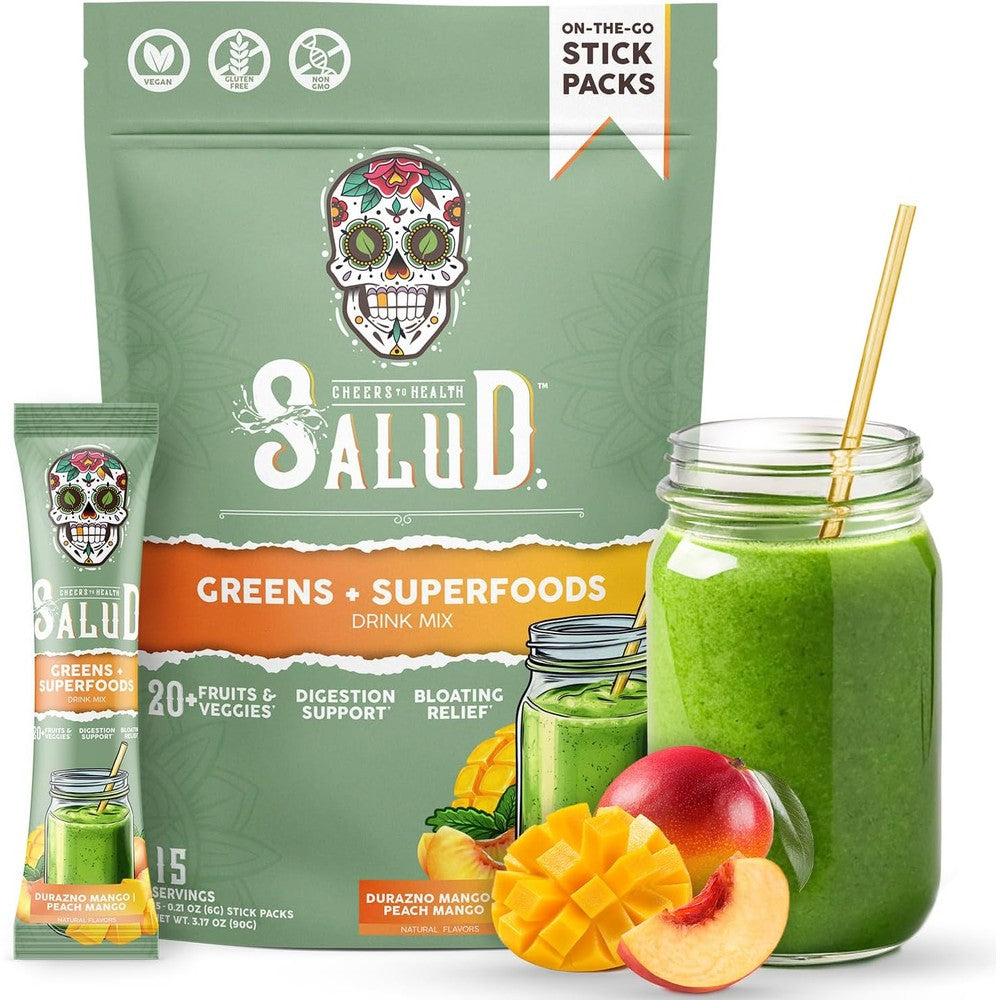 Taste Salud 2 In 1 Greens Powder Peach Mango front view stick packs for daily gut health.