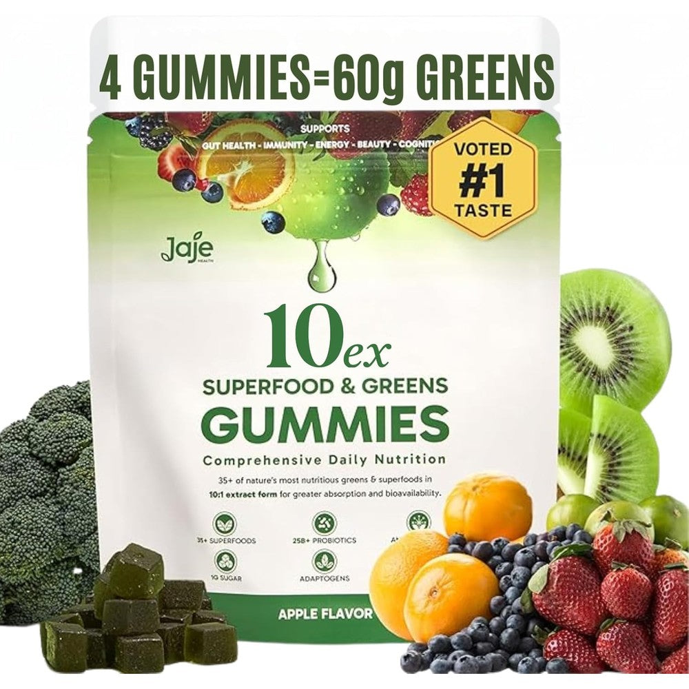 Jaje Health 10ex Supergreens Gummies front view packaging for daily immunity support.