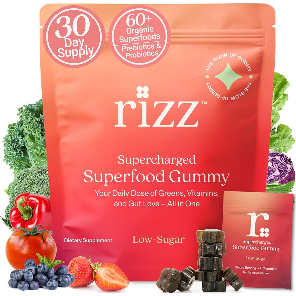 Rizz Low Sugar Prebiotic and Probiotic Superfood Multivitamin 240 Gummies front packaging showcasing the 30 day supply overview.