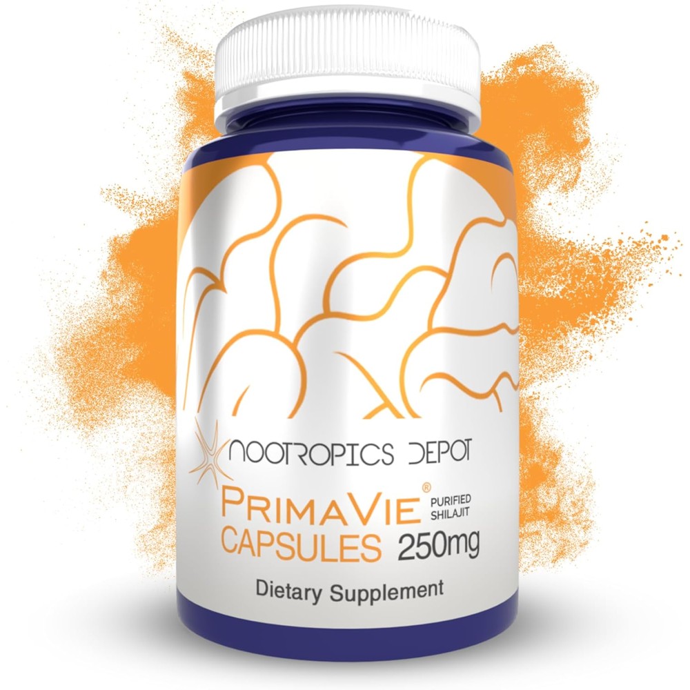Nootropics Depot PrimaVie Purified Shilajit 250mg bottle front view showcasing authentic dietary supplement packaging.