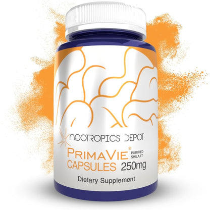 Nootropics Depot PrimaVie Purified Shilajit 250mg bottle front view showcasing authentic dietary supplement packaging.