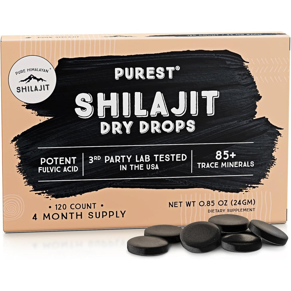Pure Himalayan Shilajit Dry Drops front view packaging containing one hundred twenty tablets for daily energy support.